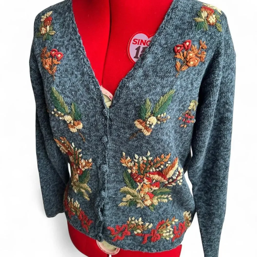 Vintage 1997 Heirloom Collectibles Blue Cardigan Sweater Mushroom Embroidery - Picture 7 of 8